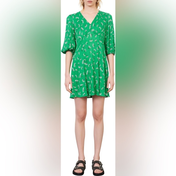 Maje Rizelle Floral Empire Waist Woven Mini Dress 34 Green - Picture 2 of 13